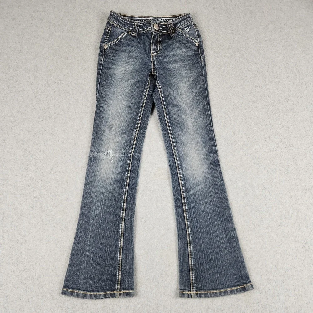 Justice Jeans Girls 8S Blue Denim Whiskering Distressed Flap Pocket Flared Leg